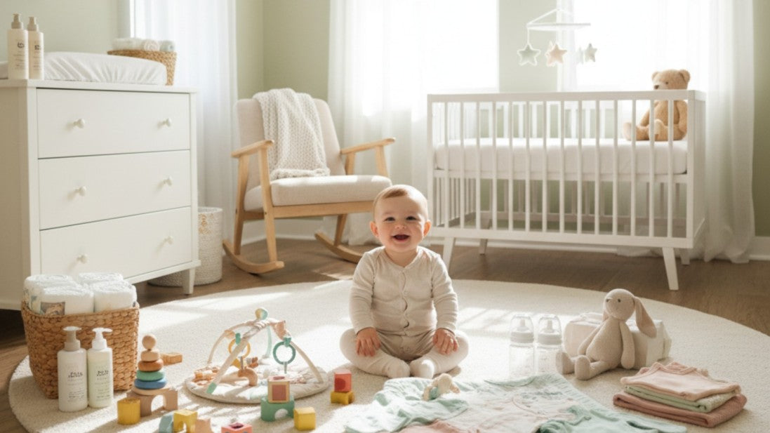Bright nursery setting with a baby, showing a complete range of baby essentials.