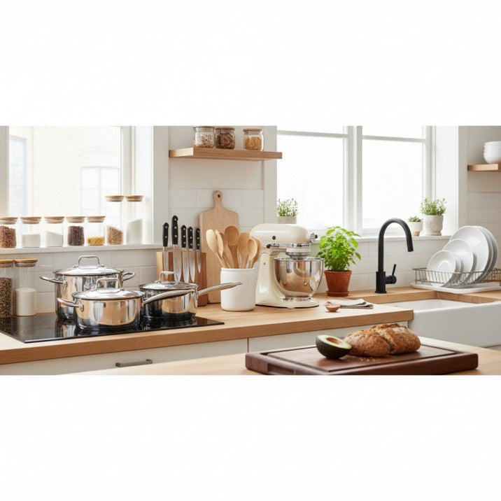 Modern kitchen with blender, jars, cutting boards, and dish rack.